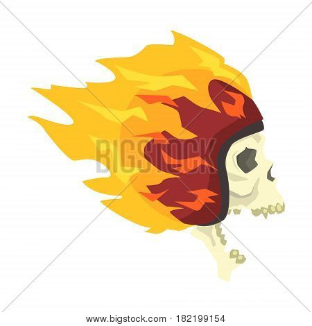 Screaming Scull In Helmet Burning In Flames, Colorful Sticker With War And Biker Culture Attributes Vector Icon. Creepy Dead Chost Rider Head Print Cool Cartoon Illustration.