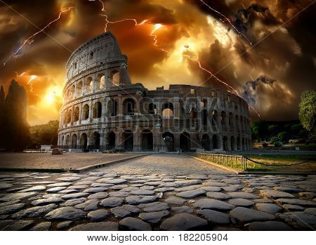 Thunderstorm with lightning over Colosseum in Rome, Italy