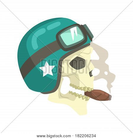 Scull In Green Helmet Smoking Cigar, Colorful Sticker With War And Biker Culture Attributes Vector Icon. Creepy Dead Chost Rider Head Print Cool Cartoon Illustration.