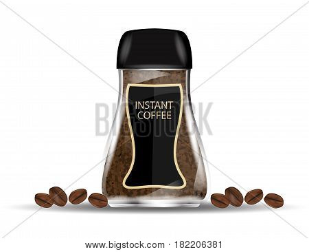Coffee Glass Jar with Instant Coffee Granules and Coffee Beans Isolated on White Background. Vector Illustration.