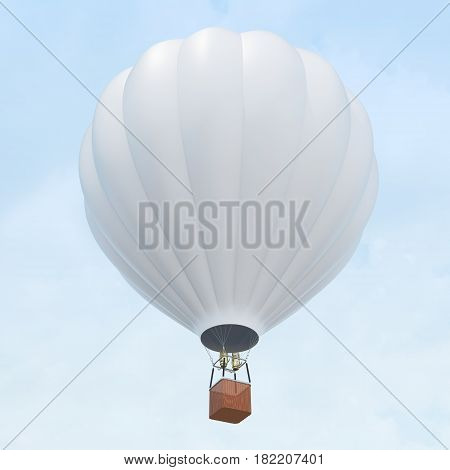 White hot air balloon with basket on skiy background, 3d rendering