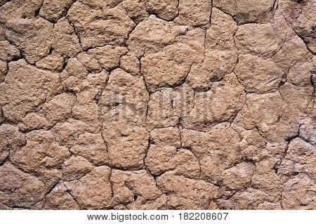 background texture of old clay wall cracked from age and dryness