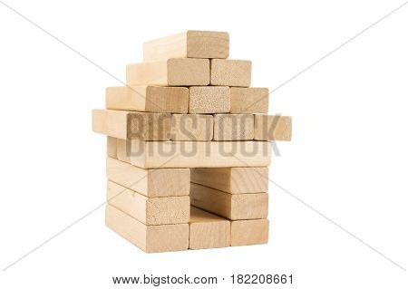 building made from wooden block on white background