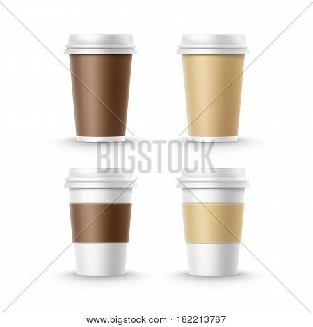 Vector Set of Blank Big Small White Ocher Brown Paper Cardboard Cups For Tea Coffee Isolated on White Background. Fast Food