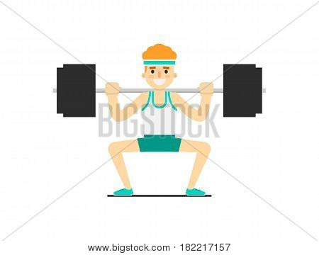 Sporty boy in sportswear cowering with barbell isolated on white background vector illustration. Bodybuilding exercise, crossfit training concept in flat design.