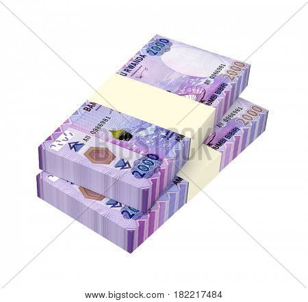 Rwandan francs bills isolated on white background. 3D illustration.