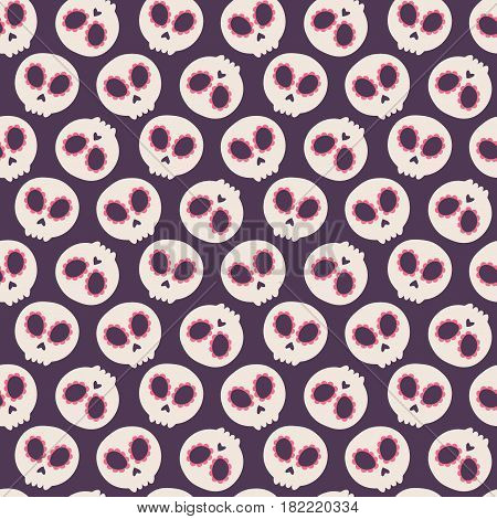 Skull with flower eyes. Seamless pattern with flat design of skulls on the dark background. Vector illustration