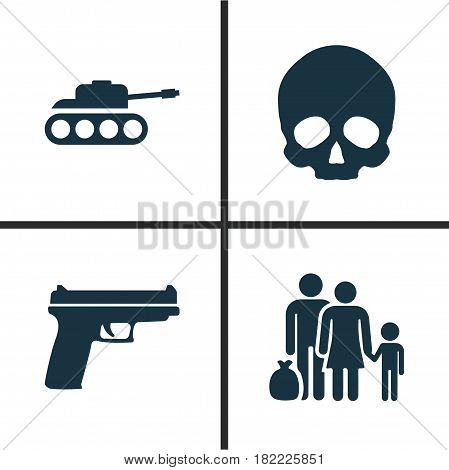 Battle Icons Set. Collection Of Fugitive, Panzer, Cranium And Other Elements. Also Includes Symbols Such As Panzer, Fugitive, Tank.