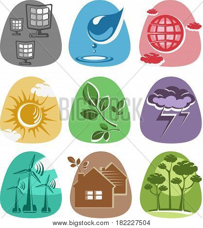 Set of icons of alternative and clean sources of energy sun, wind and water