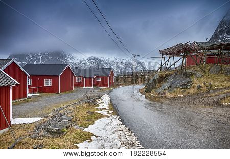 Travel Concepts and Ideas. Indise of the Streets of Classic Traditional Norwegian Fishing Hut Hamnoy in Norway.Horizontal Image