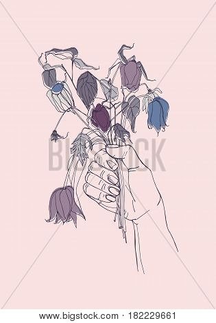 Elegant drawing of hand holding bouquet of wilted flowers. Bunch of withered and droop wildflowers. Decorative floral design element. Romantic hand drawn vector illustration in vintage style.