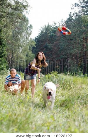 Piękna kobieta z figlarny młody pies. Frisbie