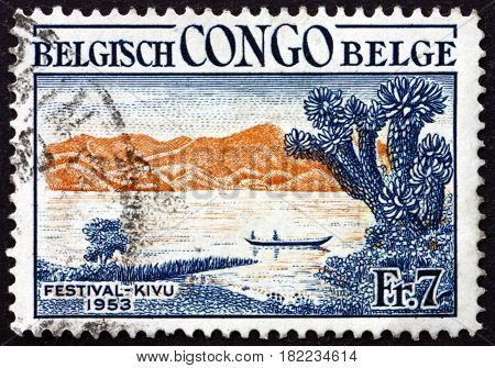 BELGIAN CONGO - CIRCA 1953: a stamp printed in Belgian Congo shows Canoe on Lake Kivu Kivu Festival circa 1953