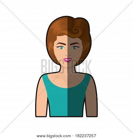 colorful shading realistic half body woman with blouse and eighties hairstyle vector illustration