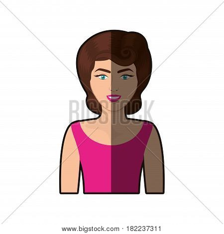 colorful shading realistic half body woman with fuchsia blouse and pin up swirl hairstyle vector illustration