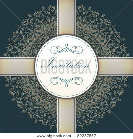 Wedding invitation and announcement card with ornamental round lace with arabesque elements. Mehndi style. Orient traditional ornament. Zentangle-like round colored floral ornament.