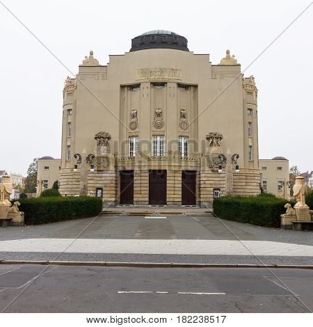 COTTBUS GERMANY - OCTOBER 18 2016: The Art-Nouveau facade of the State Theater (1905). Cottbus is a university and the second-largest city in federal state of Brandenburg.