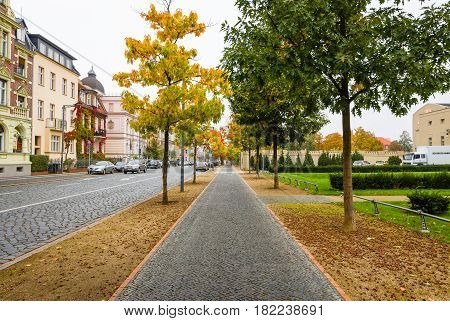 COTTBUS GERMANY - OCTOBER 18 2016: Autumn Street. Cottbus is a university and the second-largest city in federal state of Brandenburg.