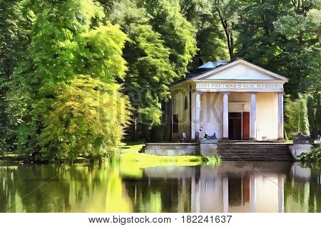 Colorful painting of pond and park Arkadia Poland