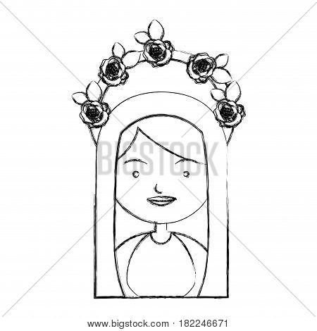 monochrome sketch contour of half body beautiful virgin with crown of roses and mantle vector illustration