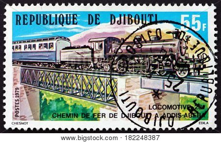 DJIBOUTI - CIRCA 1979: a stamp printed in Djibouti shows Steam Locomotive 231 Djibouti-Addis Ababa Railroad circa 1979
