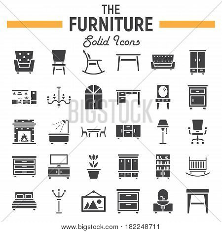 Furniture solid icon set, interior symbols collection, vector sketches, logo illustrations, filled pictograms package isolated on white background, eps 10.
