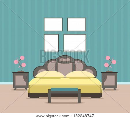 Bedroom living room interior design in flat style including furniture bed and mockup empty frames. Flat vector illustration.