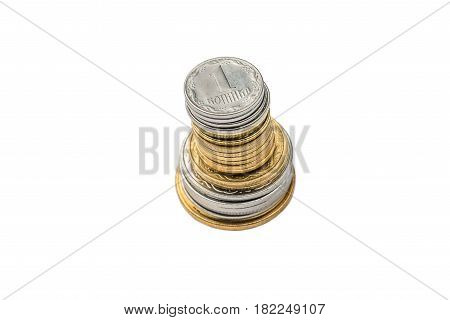 A stack of Ukrainian coins on a white isolated background. Eurovision in Ukraine
