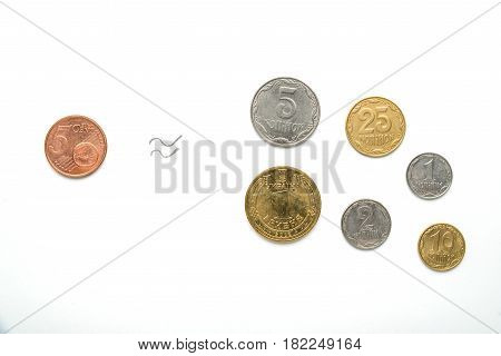 Ukrainian national coins and five euro cents against the background of the national flag. Currency of Eurovision. The exchange rate of the hryvnia to the euro