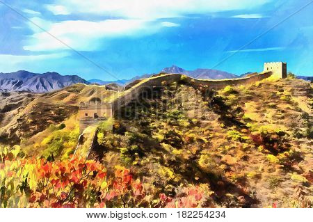 Colorful painting of Great Wall of China, Gubeikou, Miyun, China