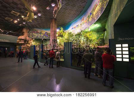 Moscow, Russia. April 16, 2017: Interior of Moskvarium Oceanography and Marine Biology Center at Moscow's VDNKh Exhibition Center. Mosquarium