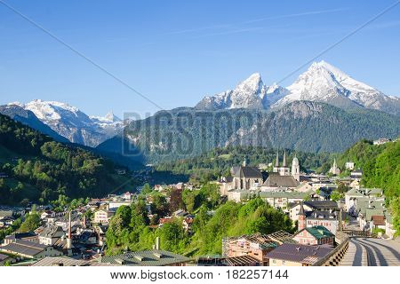 Pastoral landscape of small township Berchtesgaden and snowy peaks of Watzmann mountain in the south of Bavaria