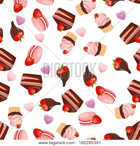 Very high quality original trendy vector seamless pattern with a strawberry chocolate pancake and macaroons