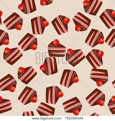 Very high quality original trendy vector seamless pattern with a strawberry chocolate cake