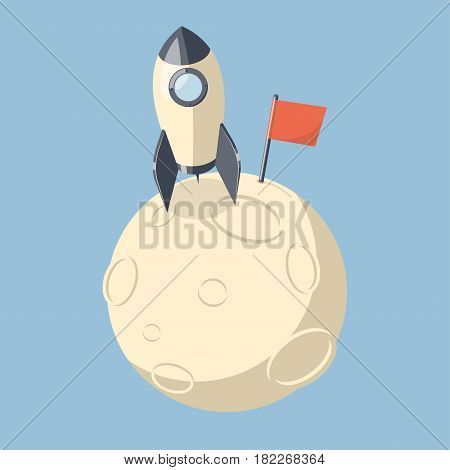 3D Rocket spaceship landed on moon. Success concept. Isometric vector illustration