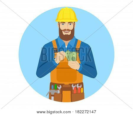 Worker counts cash money. Portrait of worker character in a flat style. Vector illustration.