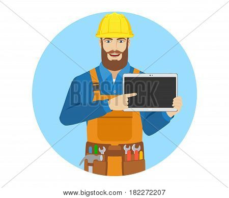 Worker pointing at digital tablet PC. Portrait of worker character in a flat style. Vector illustration.