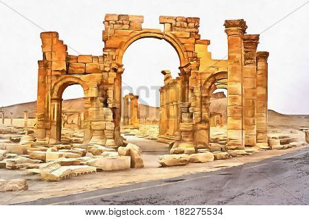 Colorful painting of ruins of ancient hellenistic temple, Palmyra, Syria