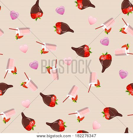 Very high quality original trendy vector seamless pattern with a strawberry in chocolate and milkshake