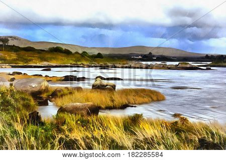 Colorful painting landscape near Cnoc Mordain and Loughannilaun lake, Galway county, Ireland