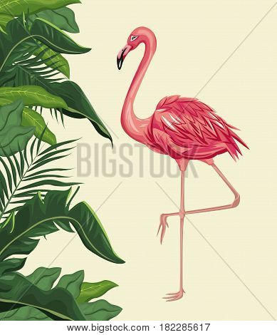 flamingo exotic tropical bird with leaf plam vector illustration eps 10