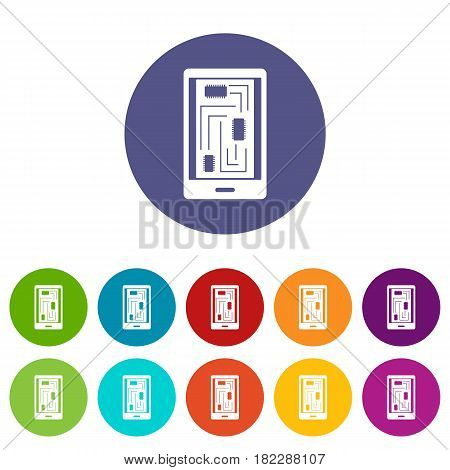 Phone innards icons set in circle isolated flat vector illustration