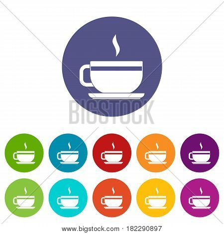 Tea cup and saucer icons set in circle isolated flat vector illustration