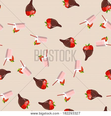 Very high quality original trendy vector seamless pattern with a strawberry in chocolate and milkshake