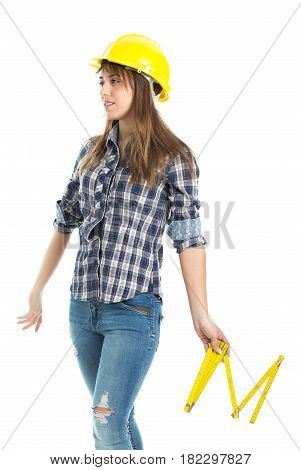 Young woman architect builder verify construction site work. Isolated on white background.