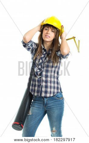 Young woman architect builder verify construction site work. Isolated on white background.