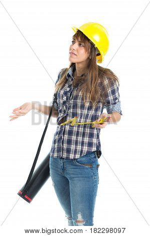 Young woman architect builder verify construction site work. Isolated on white background.