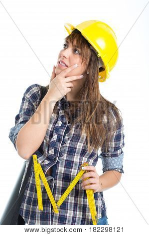 Young woman architect builder verify construction site work. Isolated on white background.