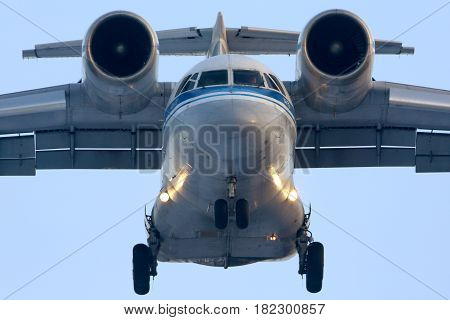CHKALOVSKY, MOSCOW REGION, RUSSIA - MARCH 23, 2015: Antonov An-72 of Russian Air Force landing at Chkalovsky.