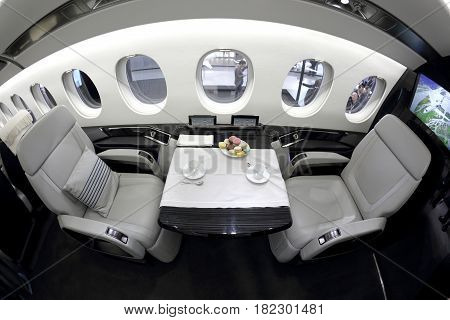 VNUKOVO, MOSCOW REGION, RUSSIA - SEPTEMBER 12, 2014: Dassault falcon 5X interior shown during Jetexpo-2014 exhibition at Vnukovo international airport.